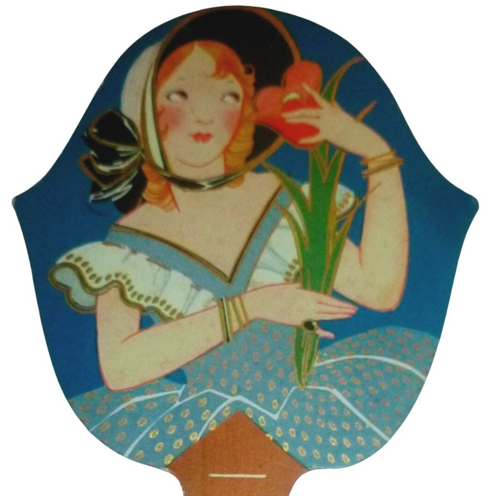 Vintage Art Deco Flapper Girl Die Cut Bridge Score Card Hand‎ Fan Shape 1920s